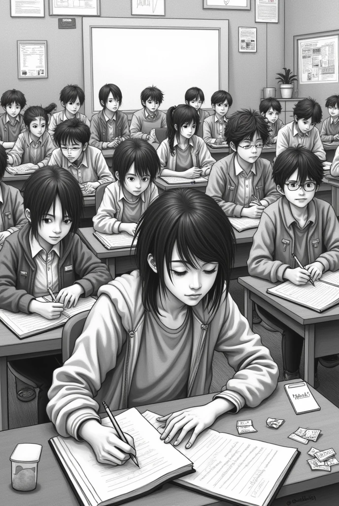 Drawing of a classroom with intelligent but messy people
