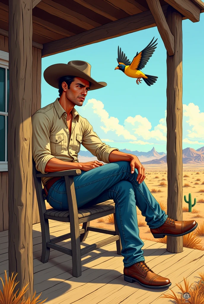 Hyperrealistic color comic 1950s a young cowboy sits on the ranch porch in the desert a lark flies around him
