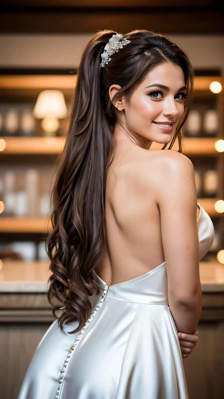 Realistic full body photo of a smiling brunette woman with long hair, ponytail hairstyle, She dances in front of the camera in a long A-line wedding dress with straps made of shiny satin., Park,glamour fotoshooting, Wedding celebration, perfect anatomy, perfect brown eyes. Perfect hands with 5 fingers on each hand, Matching girl, looking at the camera, 1 Frau. (Eye make up:1.1), (highly detailed skin:1.1), spirit, analog style, keen focus, 8K UHD, dslr, good quality, Fujifilm XT3, Grain, Award-winning, masterpiece. Wedding celebration