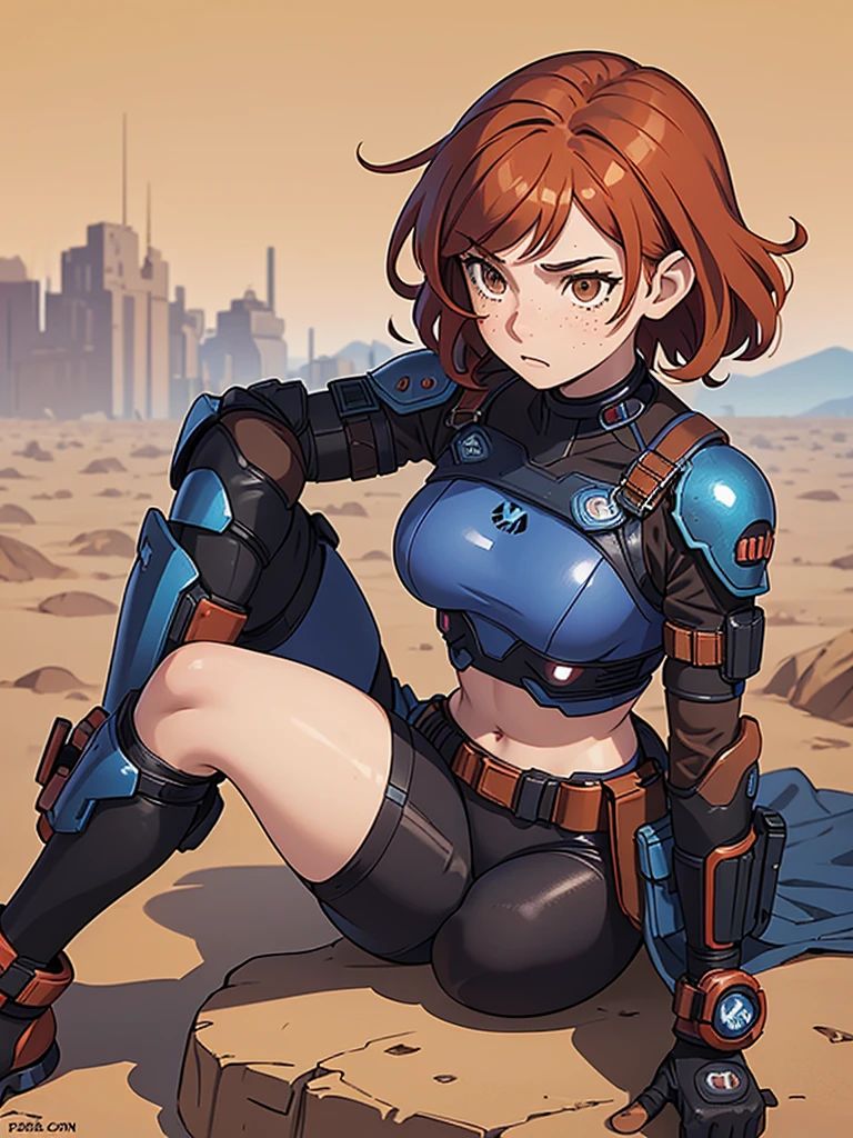 (masterpiece), (best quality), ((one girl)),alone, red copper hair,((brown eyes)),short curly hair, anime style, freckles, (small breast) (petite figure), blue and black cyberpunk outfit, leggings, knee pads, battle outfit, legs((desert background))