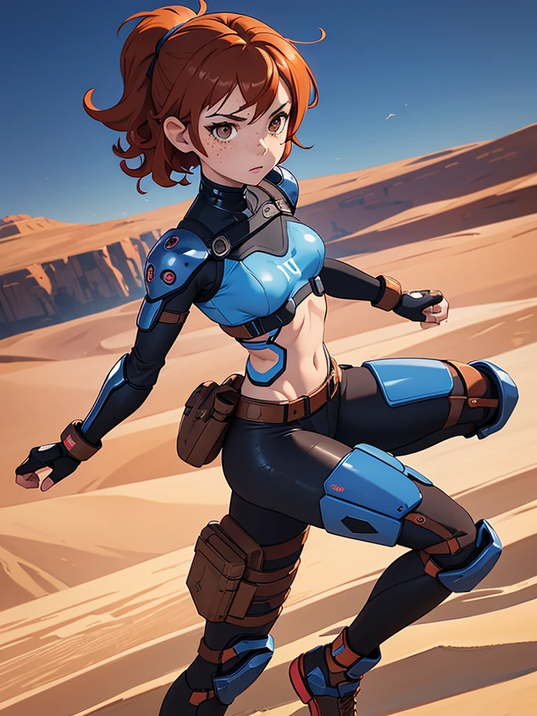 (masterpiece), (best quality), ((one girl)),alone, red hair,((brown eyes)),short curly hair, anime style, freckles, (small breast) (petite figure), blue and black cyberpunk outfit, leggings, knee pads, battle outfit, legs((desert background))