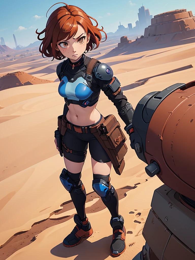 (masterpiece), (best quality), ((one girl)),alone, red copper hair,((brown eyes)),short curly hair, anime style, freckles, (small breast) (petite figure), blue and black cyberpunk outfit, leggings, knee pads, battle outfit, legs((desert background))