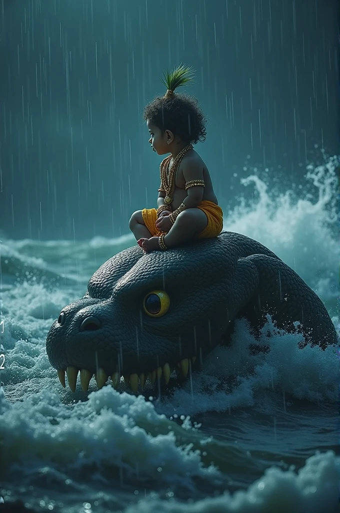 (photorealism:1.2), baby Bron who krishna, who's at darknight with heavy rain and strom in sea, babybron krishna sitting on head top of bashuki snake