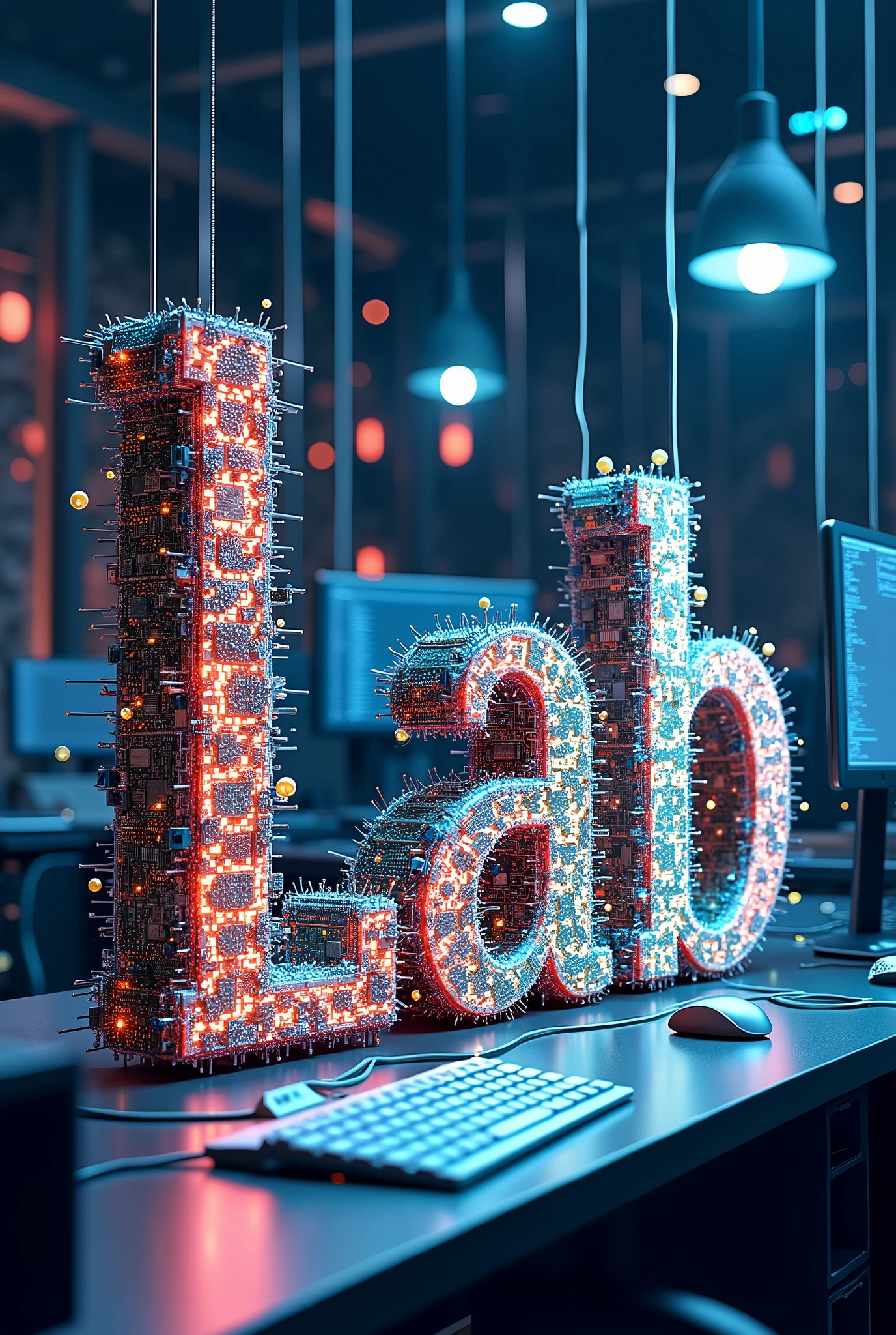 Illustrate the words "Computer Lab" and have each letter completely filled with an object from the field of computer science.