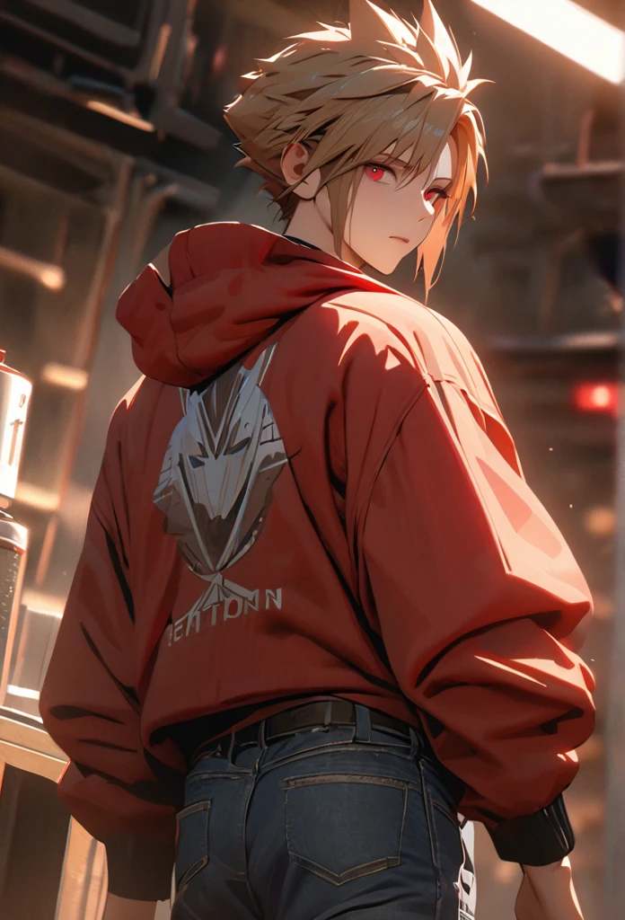  1boy, brown hair, hair likes cloud strife, red hoodie, blue jeans, pretty, tall, emotionless, short, red eyes, high detail, masterpiece, super detail, high details, high quality, best quality, pretty, tall, emotionless, ((male face)), handsome, solo, looking at viewer, light, 4k quality,cinematic lighting, ray tracing, depth of field, cinematic lighting, ray tracing, UHD, high details, best quality, highres, high quality, award winning, super detail, masterpiece, 8k, UHD, high details, best quality, highres, high quality, award winning, super detail, masterpiece, 8k, digital art, anime coloring, full body, body shot, good face, perfect face, detailed face, good eyes, lab background, science lab,