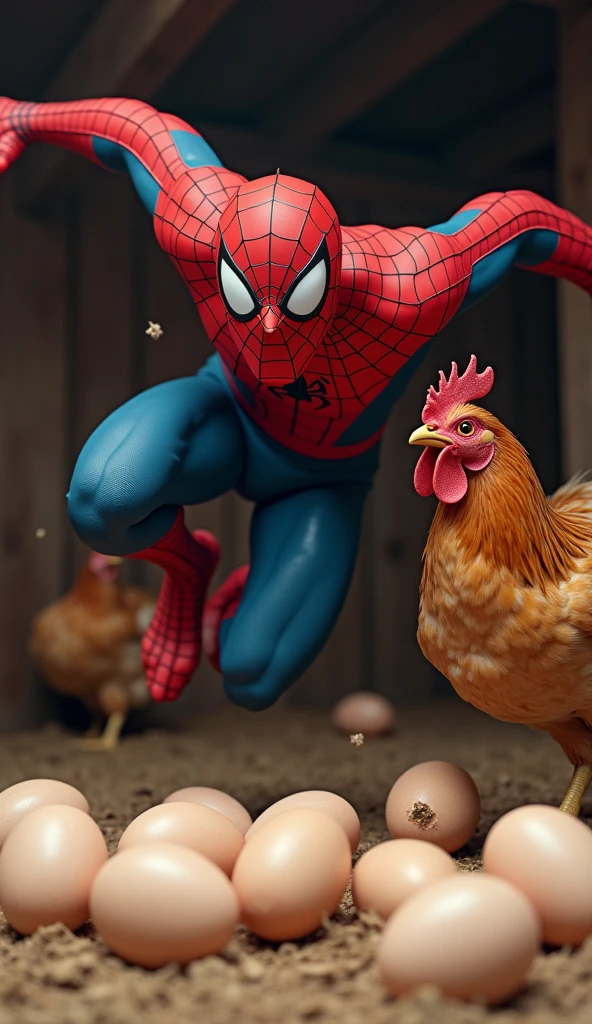 A highly realistic and comical scene featuring Spiderman in a ridiculous situation. Spiderman, dressed in his iconic suit, is in the middle of trying to steal some eggs from a chicken coop. Just as he reaches for the eggs, a furious hen launches an attack, flapping its wings and pecking at him aggressively. Spiderman, caught off guard, is shown mid-jump, his eyes wide with fear as he tries to escape the enraged hen. His pose is exaggerated, with one leg up in the air and arms flailing as he tries to protect himself. The background features a rustic chicken coop with a few other hens watching the chaos. The scene is full of humor, capturing Spiderman’s comically terrified reaction in a very unexpected and absurd situation, no blurring, perfect fix fingers,