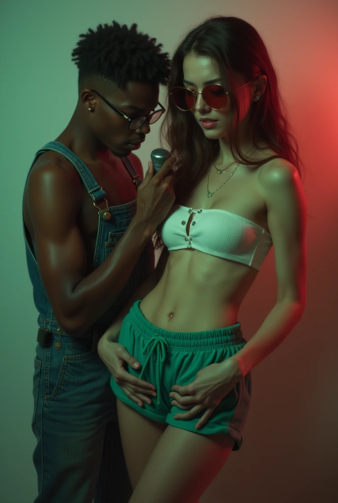 Create a photo of a 20 year old young woman, with a slender and beautiful body, wearing a short white strapless dress and wearing green sweatpants, with white and clear skin, with long light brown hair wearing sunglasses while his pants are being pulled down by a black ager, with dark black skin, homely, Scrawny, mic, who is wearing glasses and wearing overalls in a square 