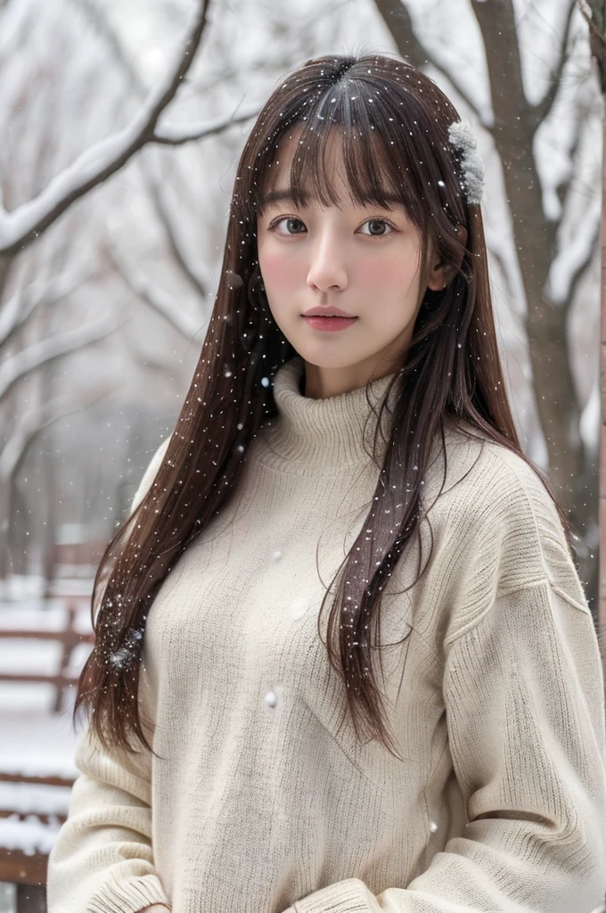 (masterpiece:1.35),(best-quality:1.4),8k,ultra-detailed,photography,(ultra-realistic:1.4), adult girl, long hair, sweater, snowing background,