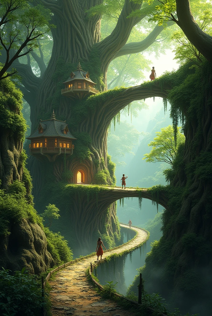 A forest-City of cozy buildings carved in many huge living trees. The trees are connected by living bridges of roots and branches of the trees.