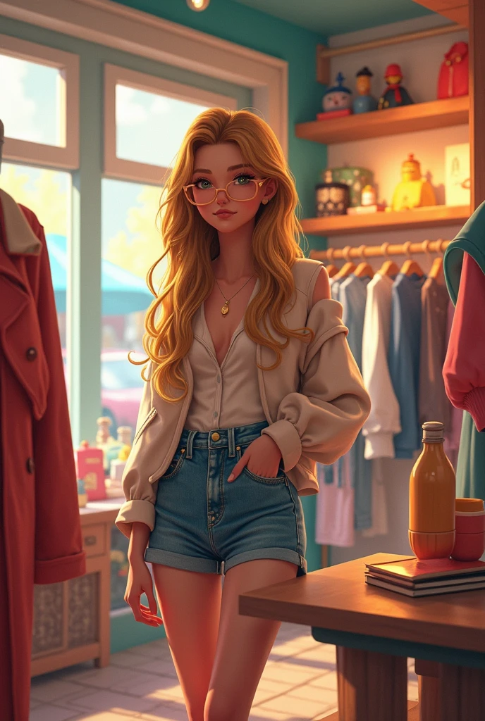 Blonde woman with long brown hair, inside a cartoon clothing and accessories boutique