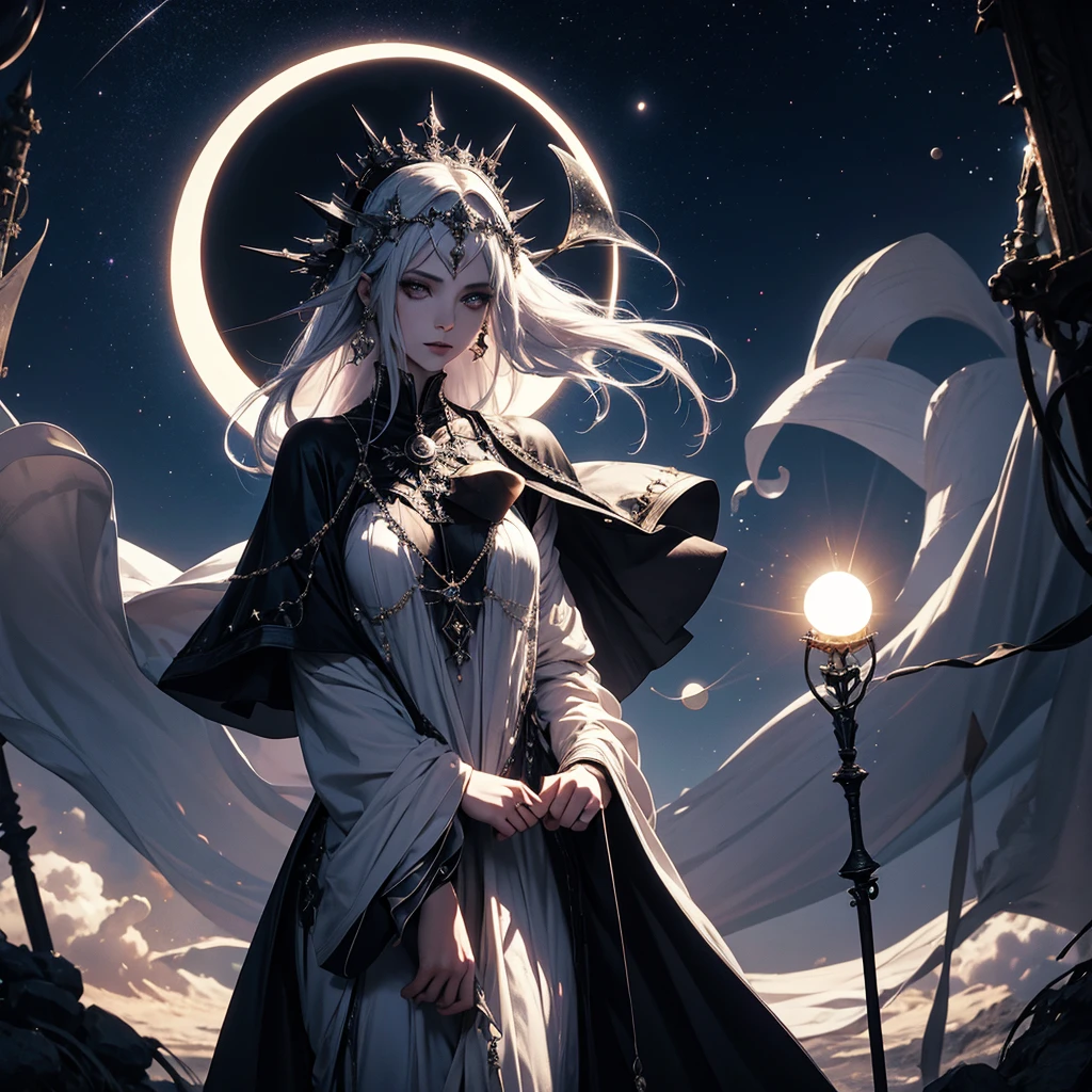 Starlight Priestess moving the moon disk causing an eclipse, gothic stempunk imagery, surrealistic, Avant-garde aesthetics.