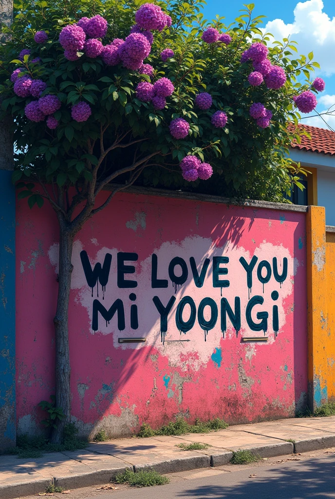 image of a wall on a street in Brazil with a tree with purple flowers nearby, with a writing on the wall made with graffiti saying &#39;we love you Mi Yoongi&#39;