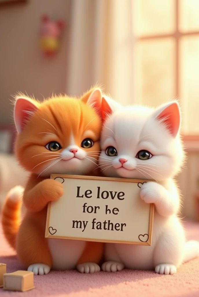 a fluffy orange cat and a white cat hugging and holding a sign that says " boa noite papai, nós te amamos", (best quality,4k,8k,highres,masterpiece:1.2),ultra-detailed,(realistic,photorealistic,photo-realistic:1.37),extremely detailed eyes and face,longeyelashes,beautiful detailed eyes,beautiful detailed lips,cute cat expressions,adorable cats,heartwarming scene,pastel colors,soft lighting,warm tones,cozy atmosphere
