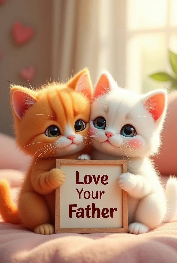 a fluffy orange cat and a white cat hugging and holding a sign that says " boa noite papai, nós te amamos", (best quality,4k,8k,highres,masterpiece:1.2),ultra-detailed,(realistic,photorealistic,photo-realistic:1.37),extremely detailed eyes and face,longeyelashes,beautiful detailed eyes,beautiful detailed lips,cute cat expressions,adorable cats,heartwarming scene,pastel colors,soft lighting,warm tones,cozy atmosphere