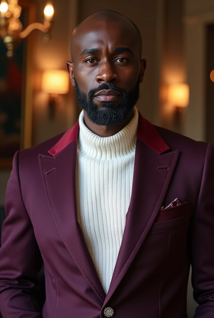 Strong forty year old black man, very elegant and sophisticated, with a goatee, knitted shirt with round neck, white, genuine leather blazer jacket, Italian cut in purple and wine colors, with diamond buttons, the jacket says DL Italian loafer shoes The model is in a jockey club