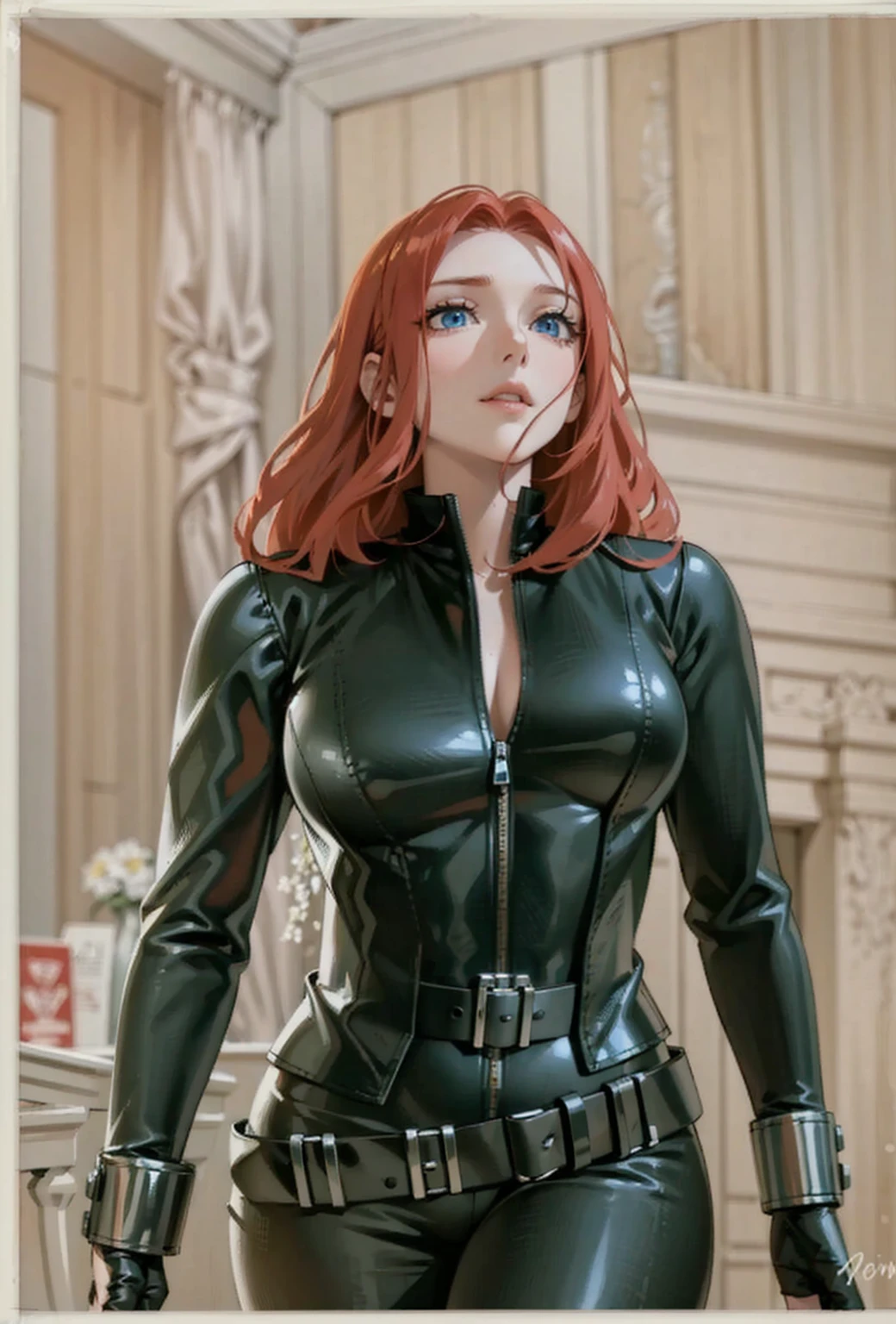 The image is a digital illustration of a red-haired girl clad in a sleek skin-tight shiny black latex bodysuit with a deep-cut zipper neckline revealing a large chest. The suit is complemented by her iron wrist guard on both wrists and a leather belt with silver detail around her waist. She is wearing gloves. She appears with a cute smile on her face. Her blue eyes are intently looking to the side. The background hints at a cityscape, contributing to an urban feel. The overall aesthetic includes warm tones that may impart a welcoming ambiance.