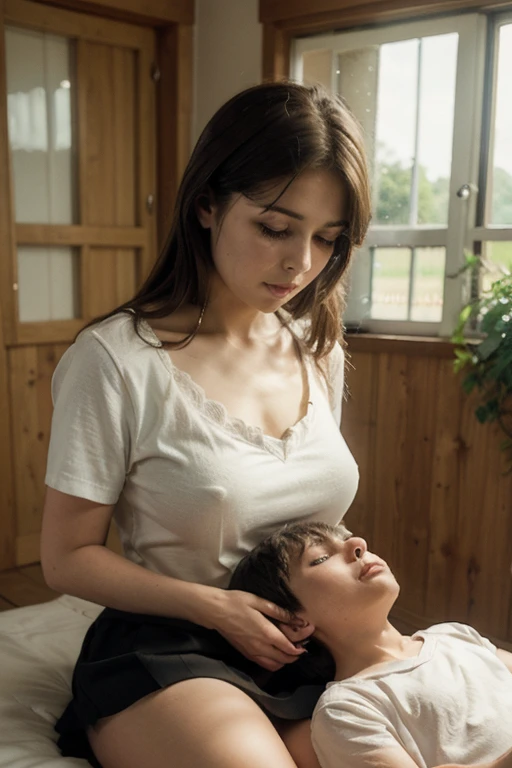 A young boy sitting on his mother's lap in a school, realistic, hyper detailed, high quality, intricate details, masterpiece, photorealistic, extremely detailed face and eyes, beautiful detailed lips, long eyelashes, tender expression, warm lighting, soft colors, intimate embrace, outdoor scene, plush bedding, sunlight filtering through windows, main focus mother and son, 1 woman has big thighs, mother and son's close relationship, where's the young boy at?, younger brother, shorts, black white skirt