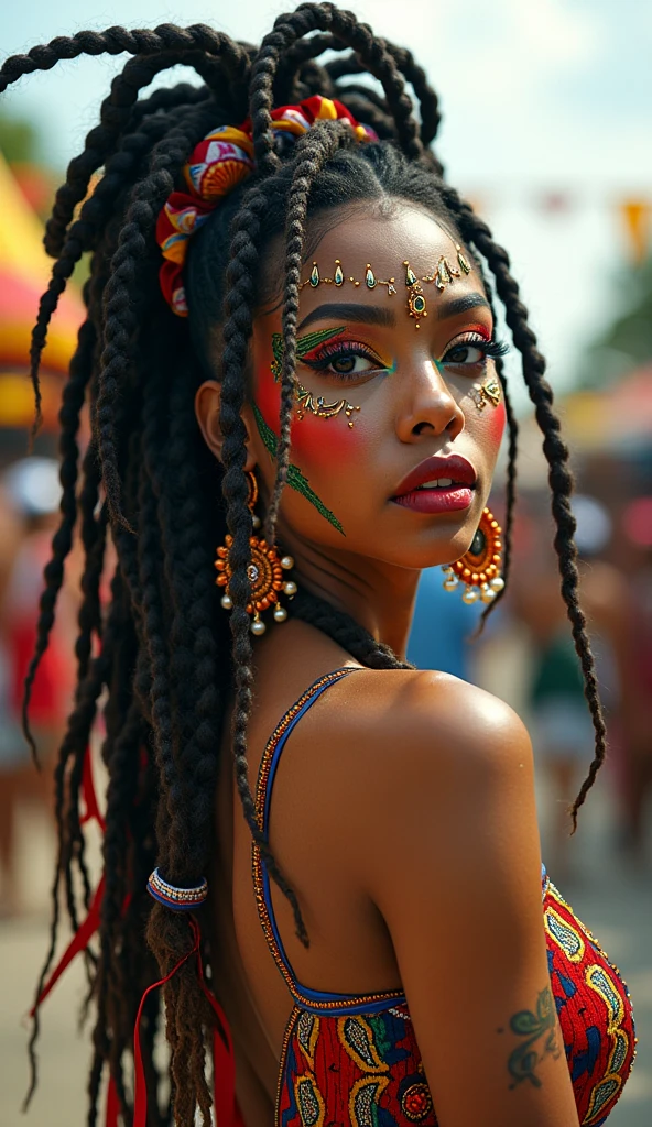 A 20yo woman, with intricate dreadlocks, in a carnival costume, Olympus PEN-F, M.Zuiko Digital 45mm f/1.8, Cinestill 800T, yellow filter, in a vibrant street festival