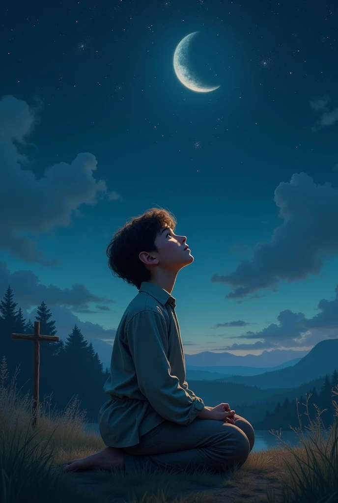Drawing of a young Christian kneeling looking at the sky and talking to God and that moment is at night