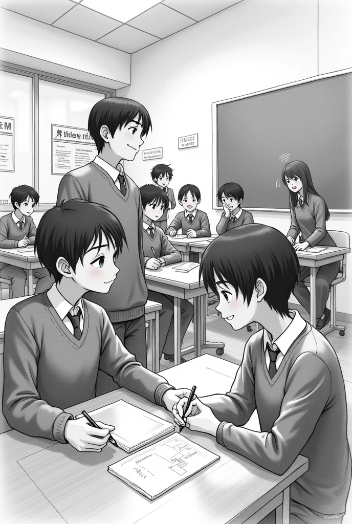 Drawing of a classroom with smart but naughty people 