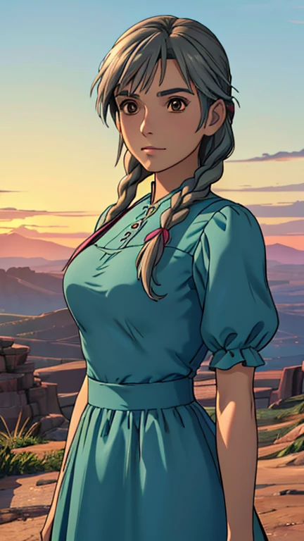 (1girl, sophie_hatter, brown eyes), (extremely detailed CG unit 8k wallpaper),(master part), (best quality), (ultra detail), (best illustration),(ff7r style), cowboy shot, (Sharp eyeliner, ombre, detailed eyes:1), hills, outdoors background, ,break , (GHIBLI_Background), upper body, Blue dress
Grey hair
Braided hair
Medium length hair