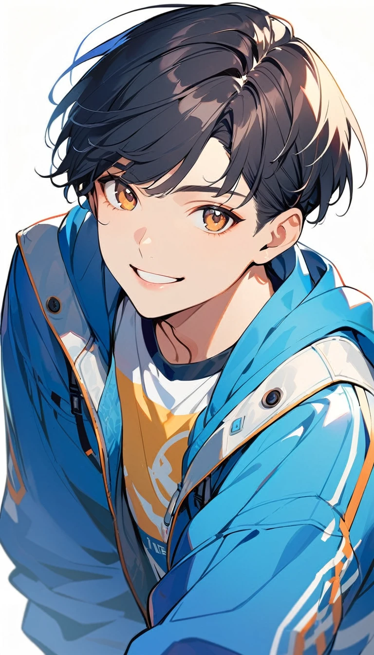 1man, solo, crew cut, black Hair, brown eyes, 18years old, happy smile, wear blue jacket, looking at viewer, light lips, cowboy shot, opened mouth, white background