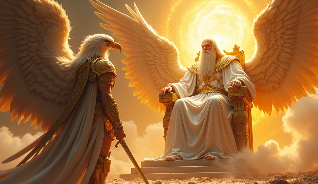 Make an angel with eagle face with gold armor and holy sword, looking up on a beautiful super vast and gigantic handsome God with firery eye, white long hair, white beard, Gold and white rob, seated on His thrown with firery light around him and his thrown, UHD masterpiece, realistic, 32K, 5D, Style Raw.