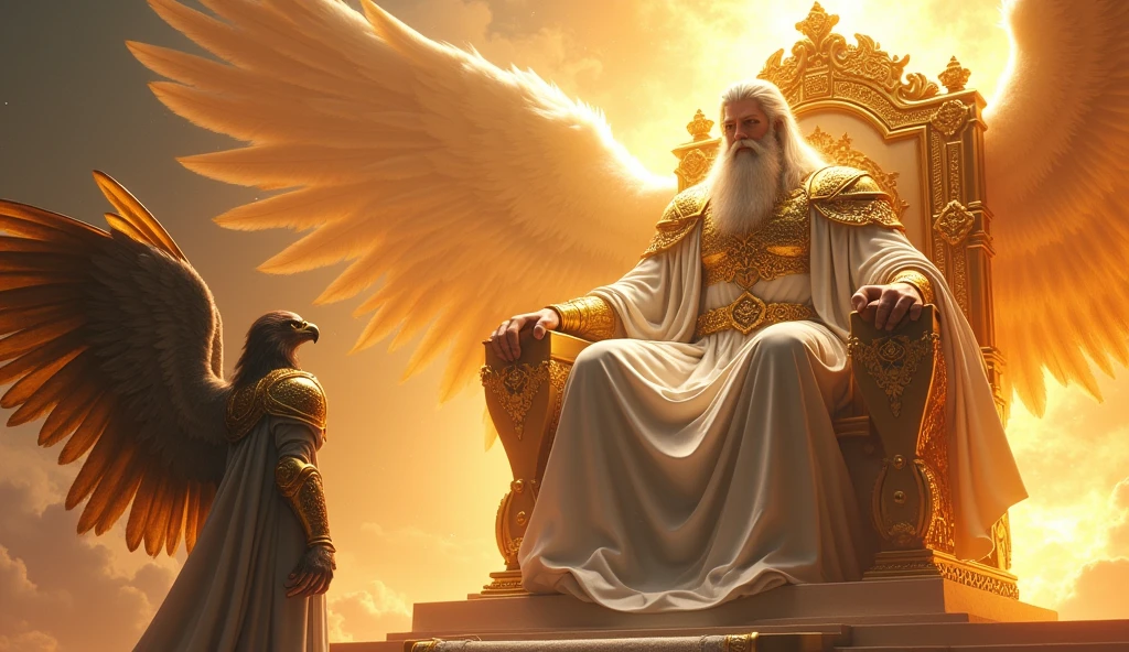 Make an angel with eagle face with gold armor and holy sword, looking up on a beautiful super vast and gigantic handsome God with firery eye, white long hair, white beard, Gold and white rob, seated on His thrown with firery light around him and his thrown, UHD masterpiece, realistic, 32K, 5D, Style Raw.