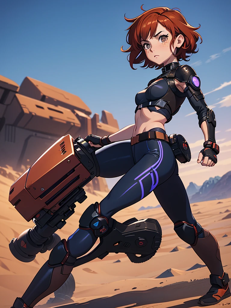 (masterpiece), (best quality), ((one girl)),alone, red copper hair,((brown eyes)),short curly hair, anime style, freckles, (small breast) (petite figure), blue and black cyberpunk outfit, leggings, knee pads, battle outfit, legs((desert background))