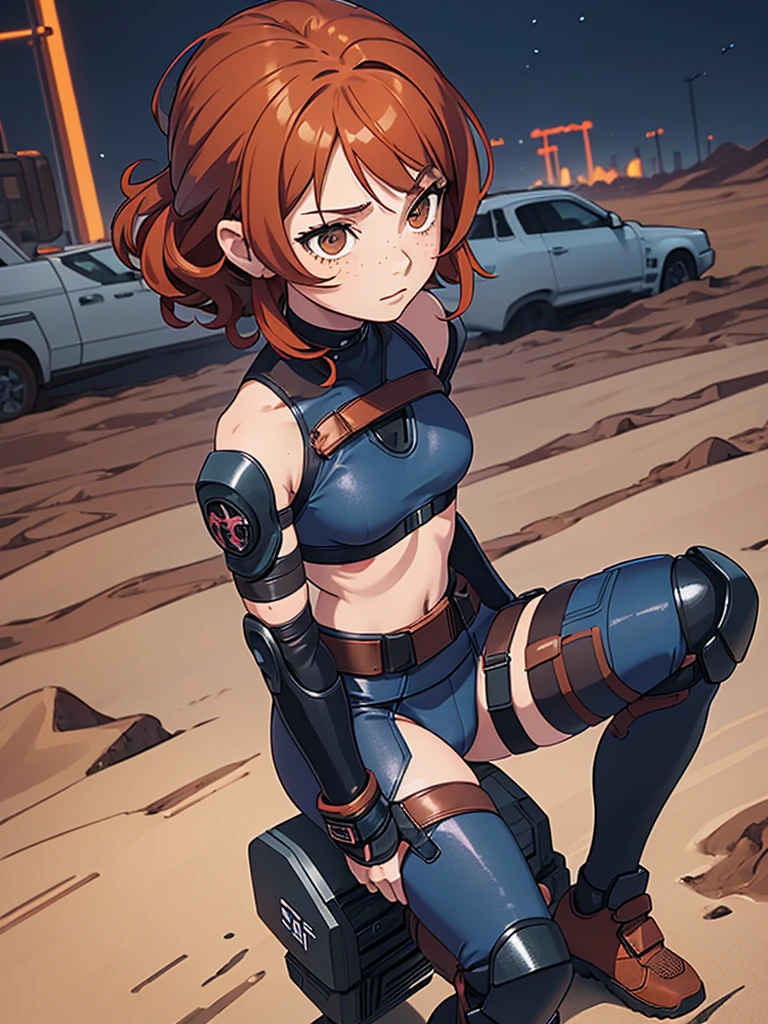 (masterpiece), (best quality), ((one girl)),alone, red hair,((brown eyes)),short curly hair, anime style, freckles, (small breast) (petite figure), blue and black cyberpunk outfit, ((desert background)) 
