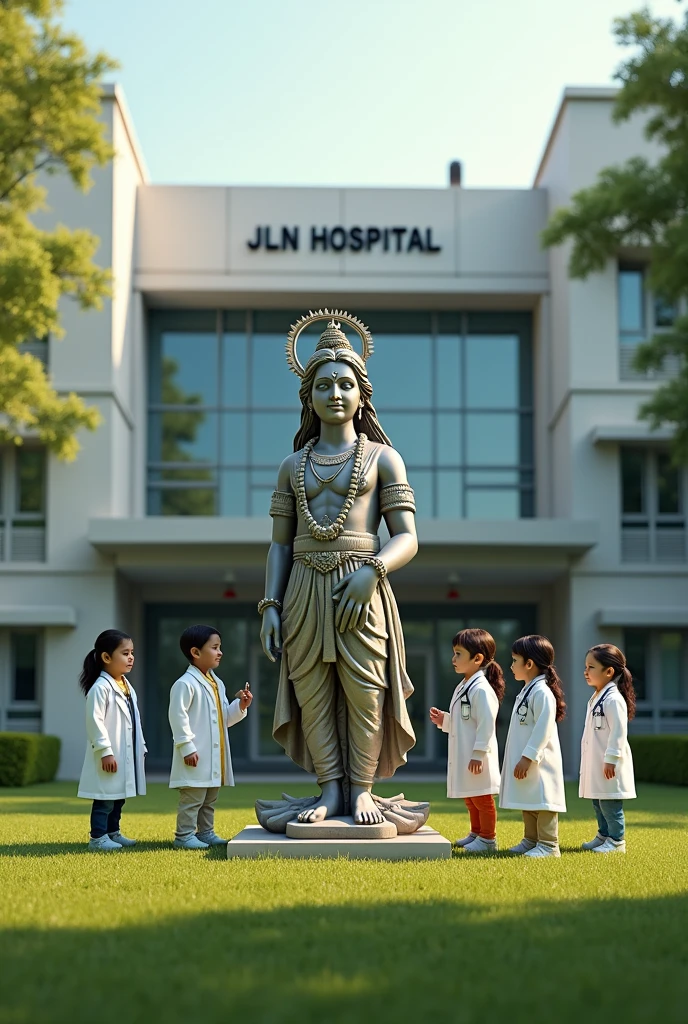 A hospital named JLN Hospital with a chair on the front lawn. A chair hand is holding a statue of Shree Krishna. Four boy and two girl are dressed as doctor. 