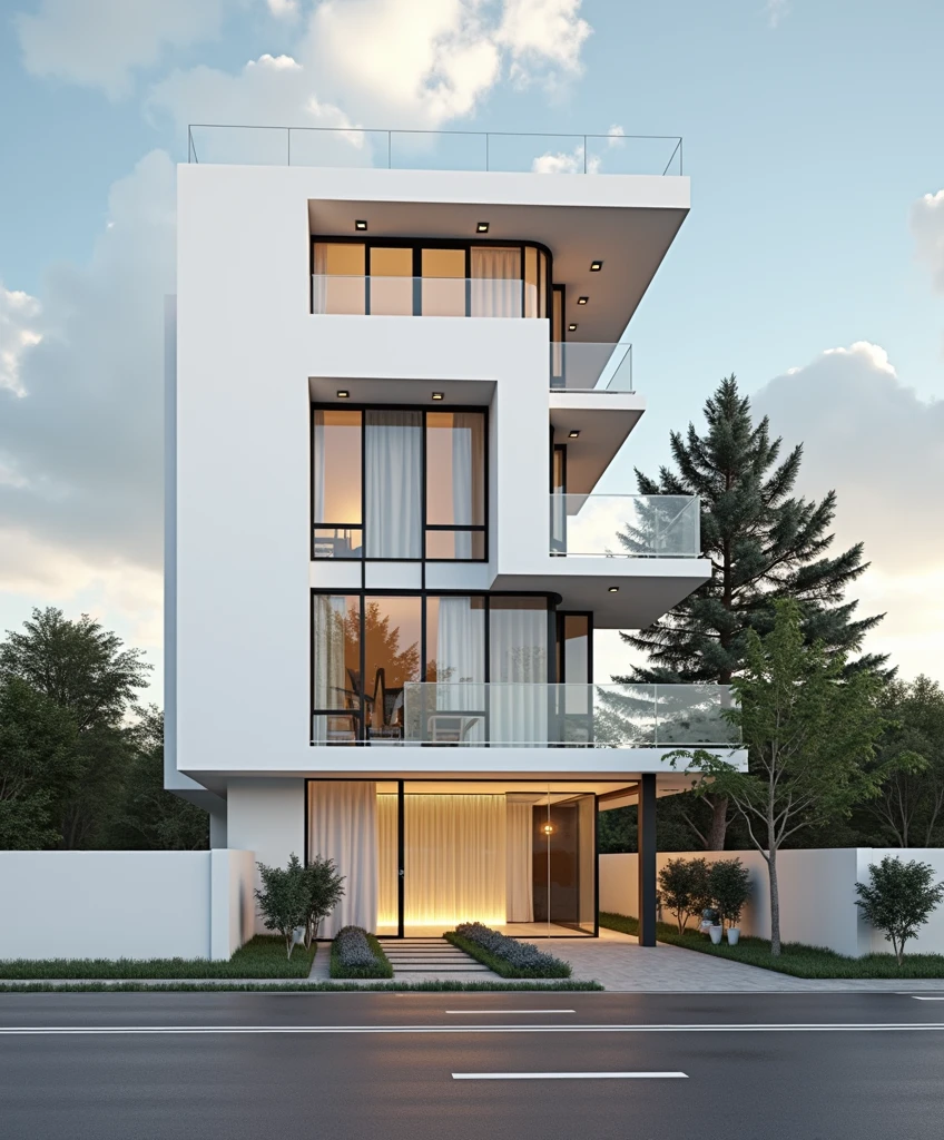 masterpiece, (photorealistic:1.2), best quality, ultra high res, exterior,architechture,modern house,white wall, glass windows,,trees,traffic road,design,trees around, blue sky,in the style of realistic hyper-detailed rendering, 32k uhd, low-angle, composite construction, piles/stacks, innovative page design, daylight,render( Vray:1.1)