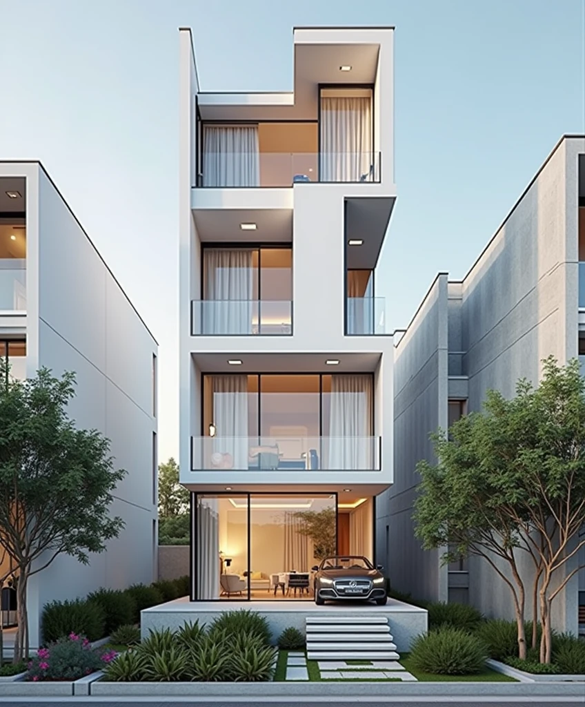 masterpiece, (photorealistic:1.2), best quality, ultra high res, exterior,architechture,modern house,white wall, glass windows,,trees,traffic road,design,trees around, blue sky,in the style of realistic hyper-detailed rendering, 32k uhd, low-angle, composite construction, piles/stacks, innovative page design, daylight,render( Vray:1.1)