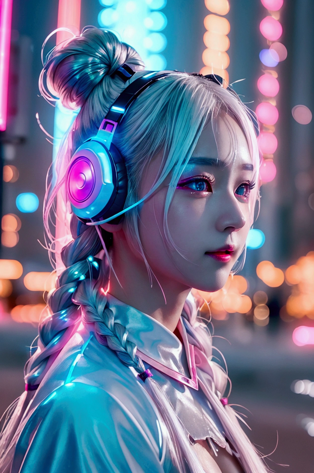 1 woman, Chinese_clothes, liquid silver and pink, Cyber Han,How many guards?,White bra,White underwear with a bow,Slick,cyberpunk city, dynamic gesture, Glowing headphones, glowing hair accessories, long hair, glow earrings, Fluorescent necklace, cyberpunk, เมืองที่มีtechnologyสูง, full of mechanical and of the future elements, of the future, technology, glowing neon, pink, Light blue, Clear tool, Transparent beam, laser, City Sky Digital Background, Big Moon, with vehicles, best quality, Masterpiece, 8ก, Edge of character light, Extremely high detail, High quality, The most beautiful woman in humanity, smile a little, The face faces left and right symmetrically., Ear decoration, Beautiful iris light effect, Image data, I have silver-white hair, Hair is not messy, long hair,Two high bun braids hairstyle, Luminous electronic clock, deep eyes, be happy, English Doodle Writing