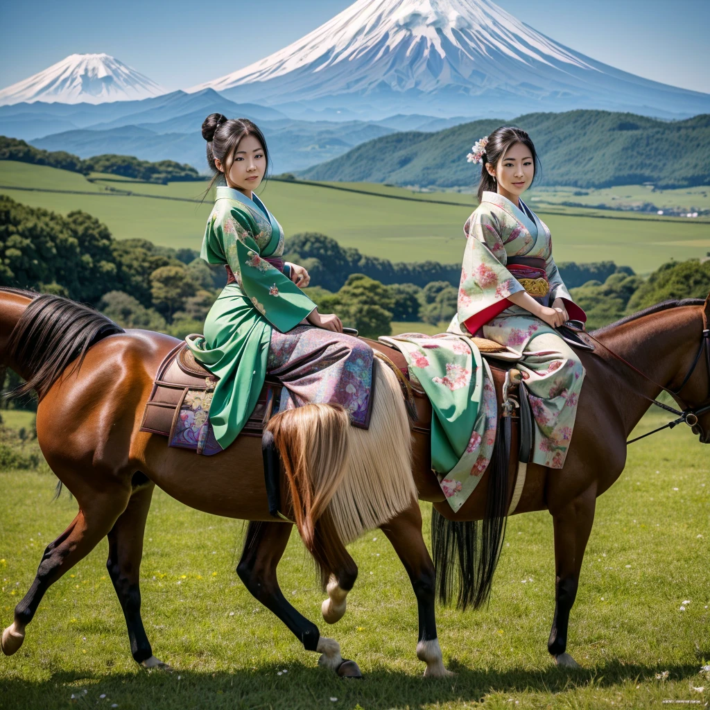 photo hyper realistic, Japanese woman riding a chestnut horse, wearing a beautiful kimono, rich in detail, in a green field with Mount Fuji in the background, horse with four legs, woman with two arms and two legs 