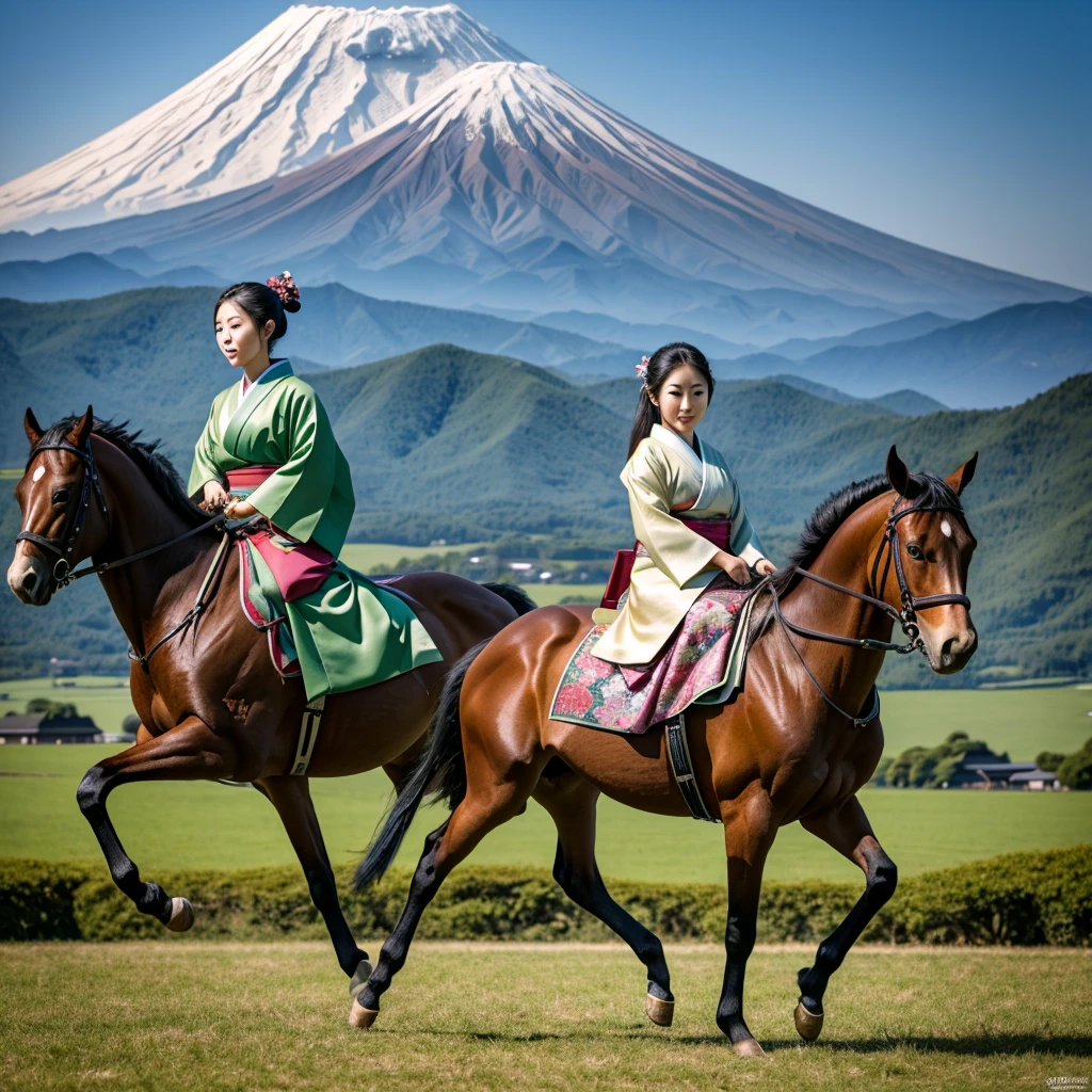 photo hyper realistic, Japanese woman riding a chestnut horse, wearing a beautiful kimono, rich in detail, in a green field with Mount Fuji in the background, horse with four legs, woman with two arms and two legs