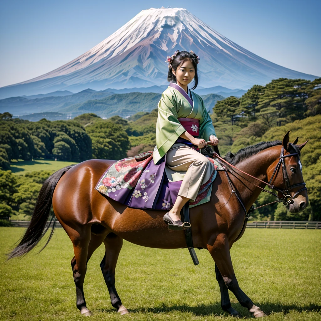 photo hyper realistic, Japanese woman riding a chestnut horse, wearing a beautiful kimono, rich in detail, in a green field with Mount Fuji in the background, horse with four legs, woman with two arms and two legs 