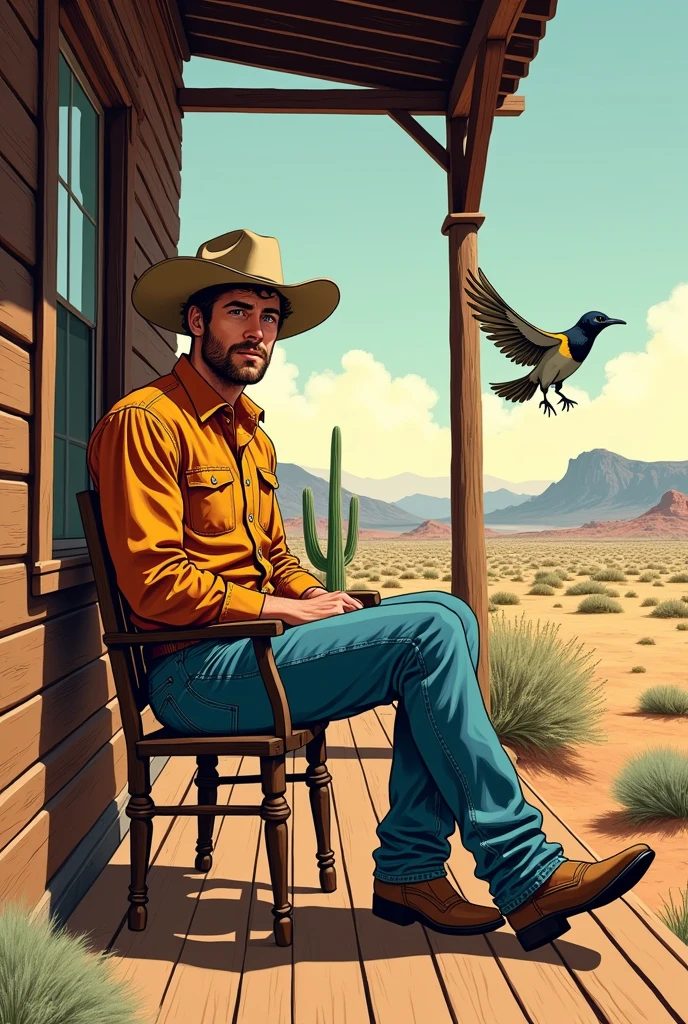 Hyperrealistic color comic 1950s a young cowboy sits on the ranch porch in the desert a lark flies around him
