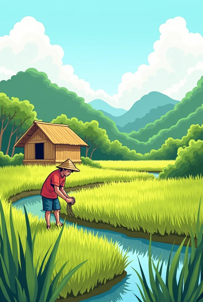 Remembering mark making can you show me a simple classic drawing of a provinceor we call it in Philippines probinsya where a many trees, bahay kubo, farmer a clouds palayan (farm) drawing with color simplicity easy to copy can you show ma drawi simpl3 draw lime a cartoon