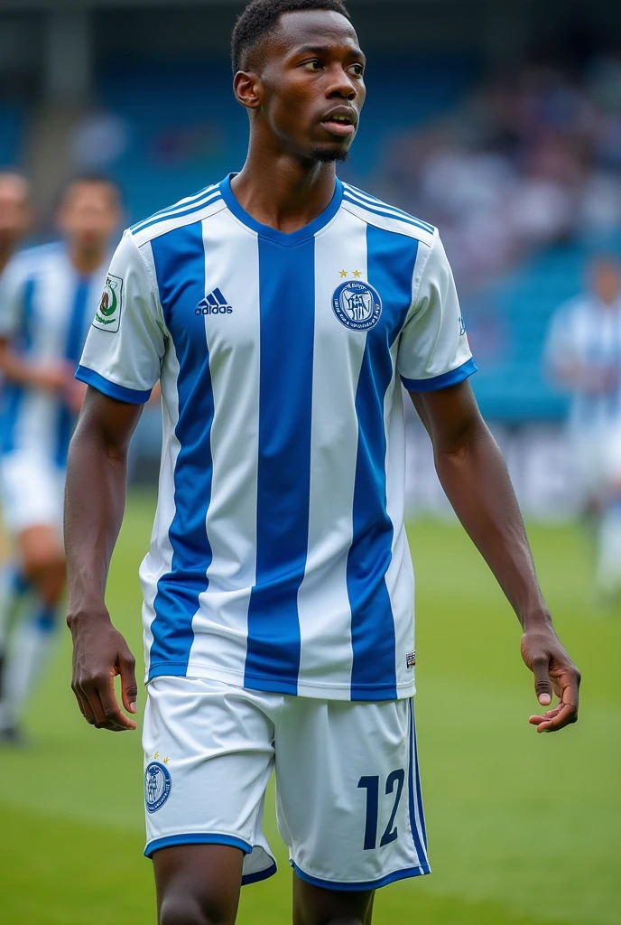 Soccer team uniforms with white and blue stripes