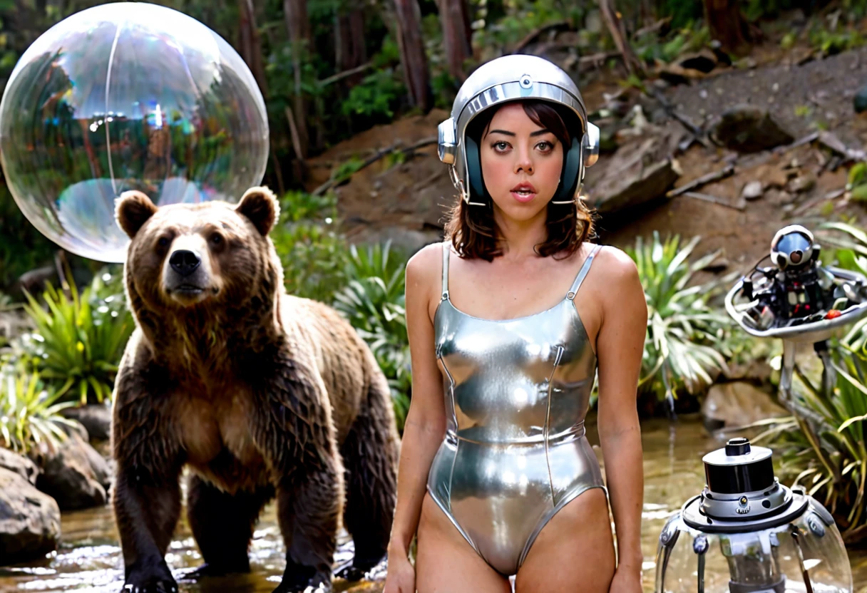 a beautiful girl (aubrey plaza) in a 60s sci-fi styled spacesuit, sexy silver space swimsuit, bubble helmet, fancy electronic tools, being guarded by her brown bear cyborg companion in a bubble helmet, on an alien world, 8k, extremely detailed, photorealistic, cinematic lighting, vibrant colors, concept art style
