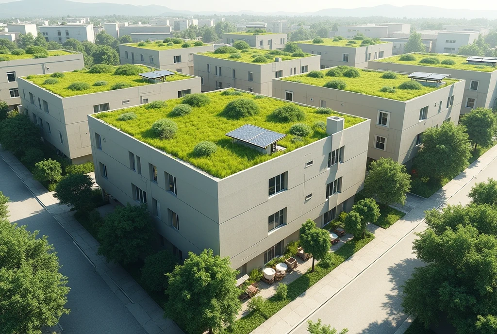 buildings with green roofs not exaggerating but rather simple details