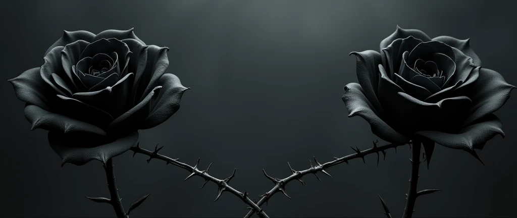 Two black roses on each side and the middle empty, with just a few thorny vines connecting the roses