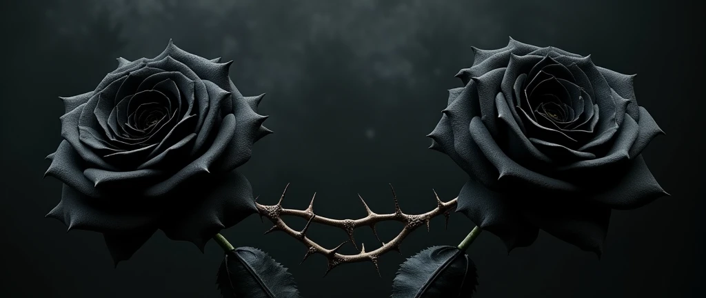 Two black roses on each side and the middle empty, with just a few thorny vines connecting the roses
