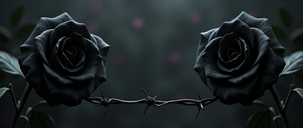 Two black roses on each side and the middle empty, with just a few thorny vines connecting the roses