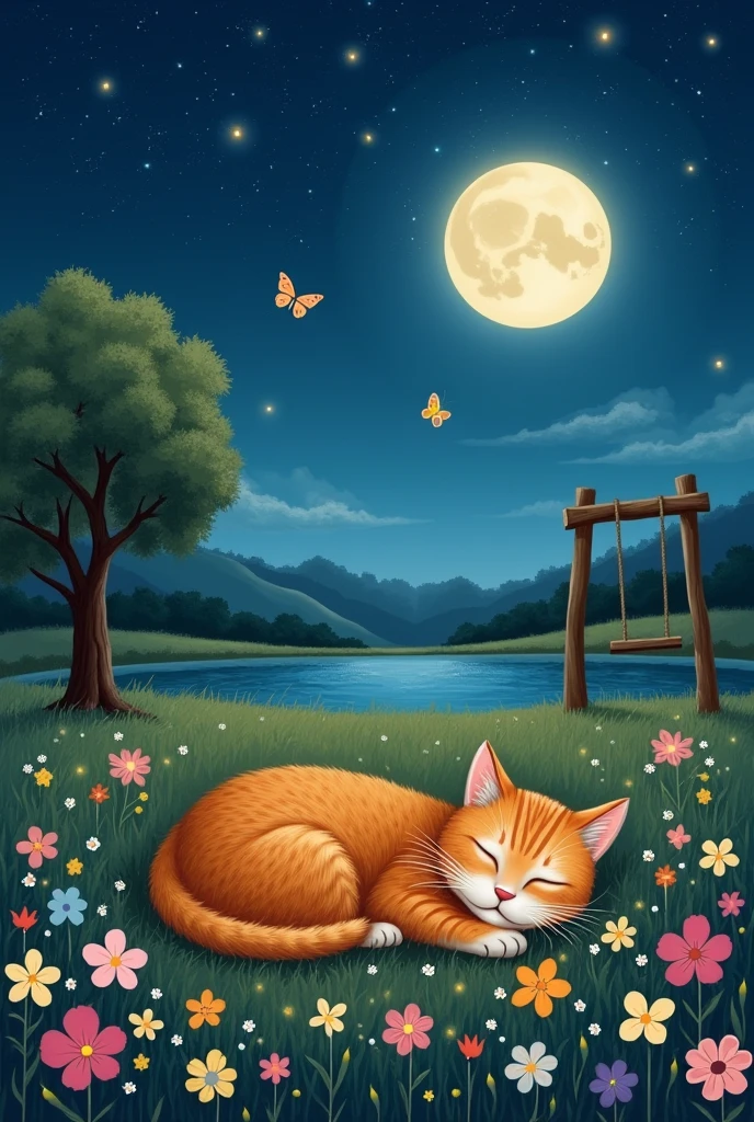 a field at night where there is an orange cat sleeping and flowers around it and a butterfly walks with the fireflies in the moonlight, On one side you see a small tree with a swing next to a lake