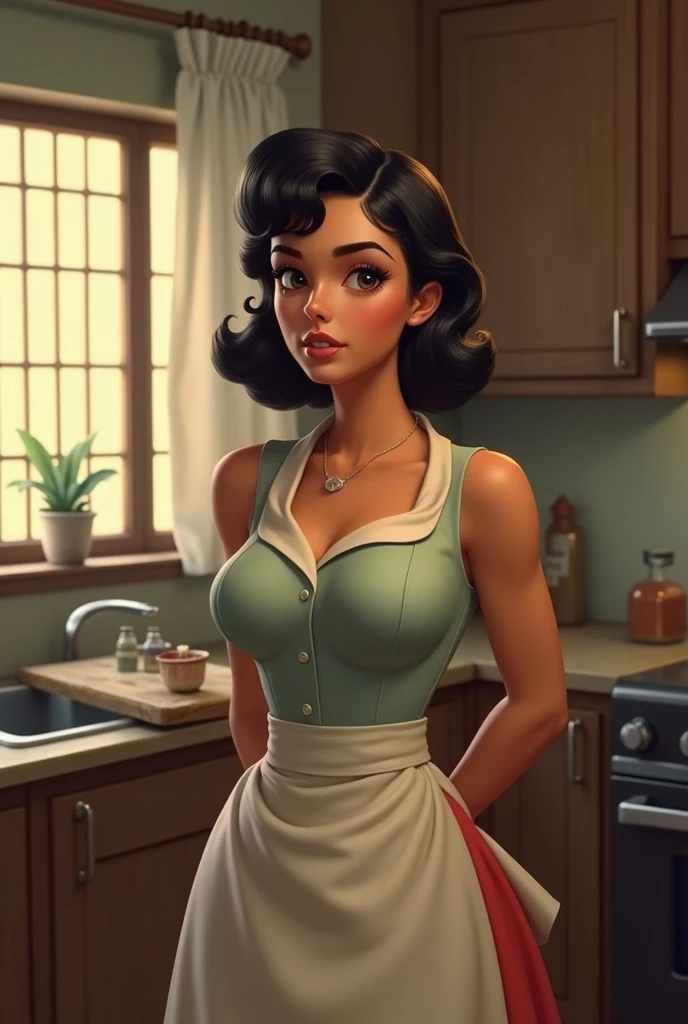 young woman from the 50s working as a servant, latina, with big breasts, Semi-robust