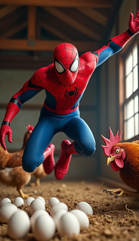 A highly realistic and comical scene featuring Spiderman in a ridiculous situation. Spiderman, dressed in his iconic suit, is in the middle of trying to steal some eggs from a chicken coop. Just as he reaches for the eggs, a furious hen launches an attack, flapping its wings and pecking at him aggressively. Spiderman, caught off guard, is shown mid-jump, his eyes wide with fear as he tries to escape the enraged hen. His pose is exaggerated, with one leg up in the air and arms flailing as he tries to protect himself. The background features a rustic chicken coop with a few other hens watching the chaos. The scene is full of humor, capturing Spiderman’s comically terrified reaction in a very unexpected and absurd situation, no blurring, perfect fix fingers,