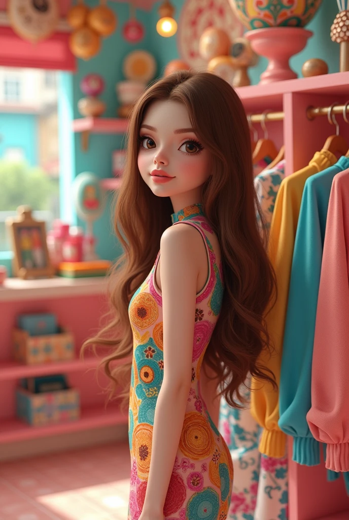 White adult woman long brown hair, inside a cartoon clothing and accessories boutique