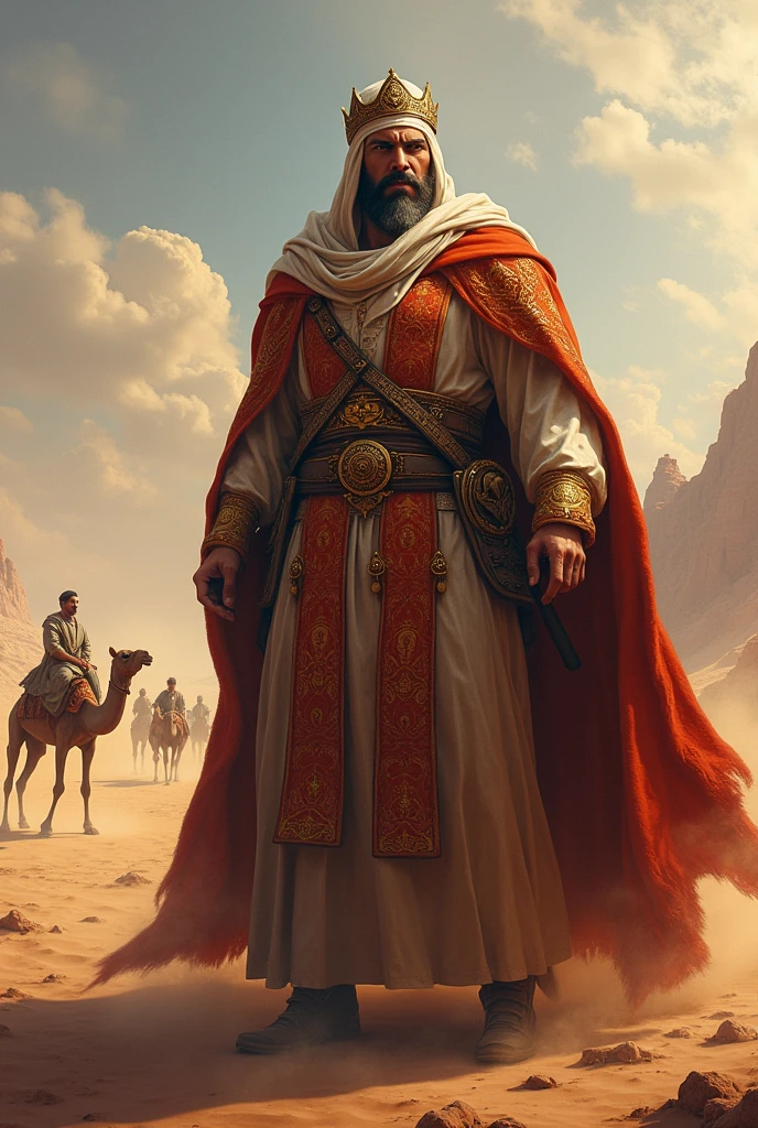 A defiant vizier with a landscape of camels behind him
